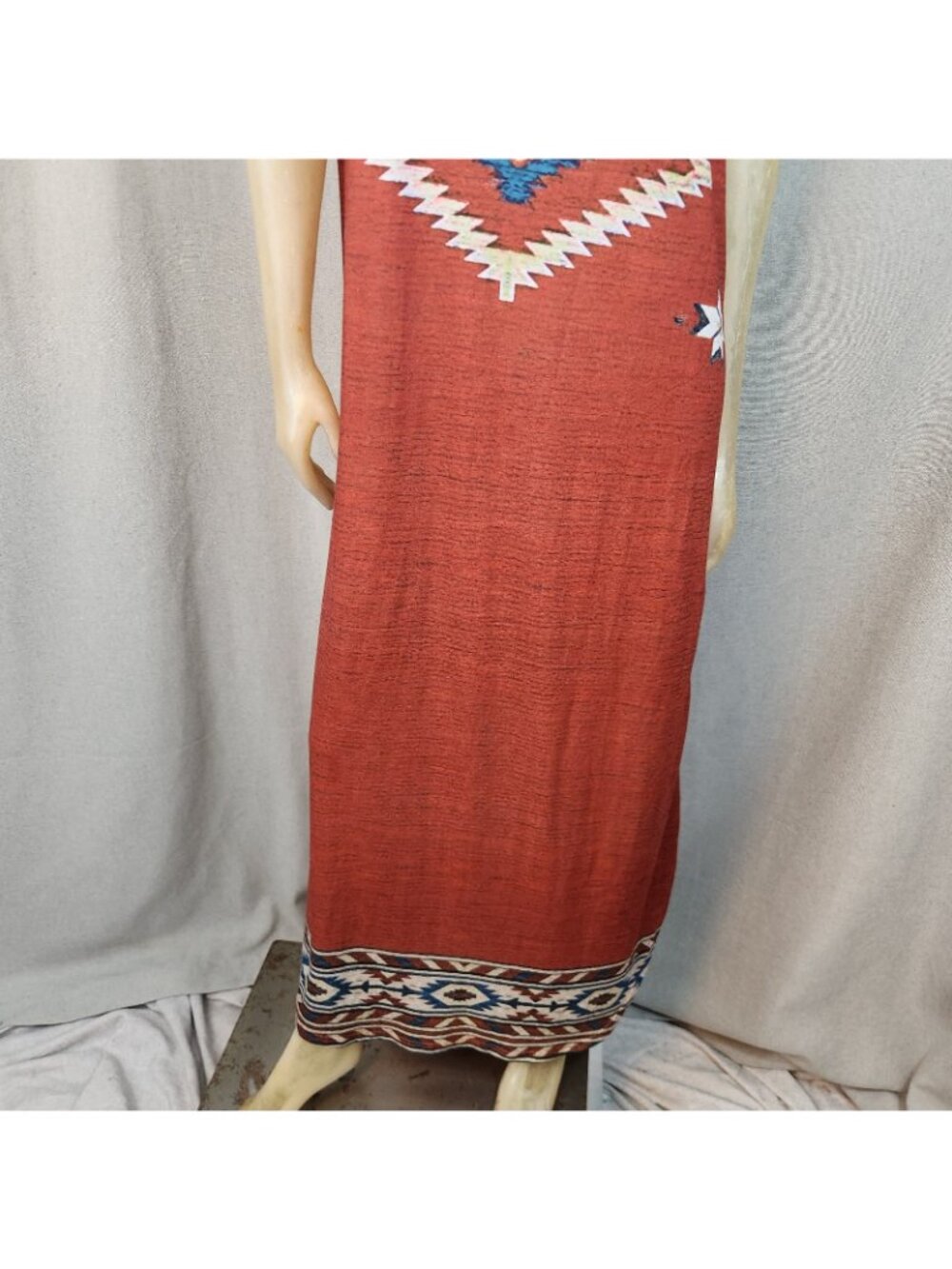 Southwestern Style Blue Orange Pattern Short Slv Scoop Nck Long Dress Maxi LARGE - Picture 7 of 9